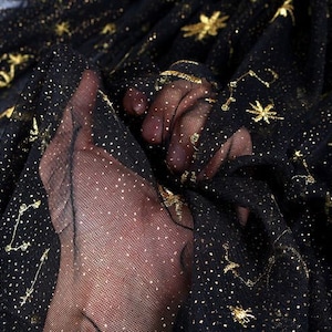 4 colors Gold Glitter Star Moon Embroidery Tulle Lace Fabric， Embroidered Moon Pattern Lace Fabric,  For Illusion Gown, Prom Dress