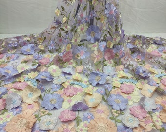 Nueva tela de encaje de flores 3D, encaje de tul colorido con flores 3D, para vestido de niña vestido de tutú vestido de novia velo de novia 1 yarda
