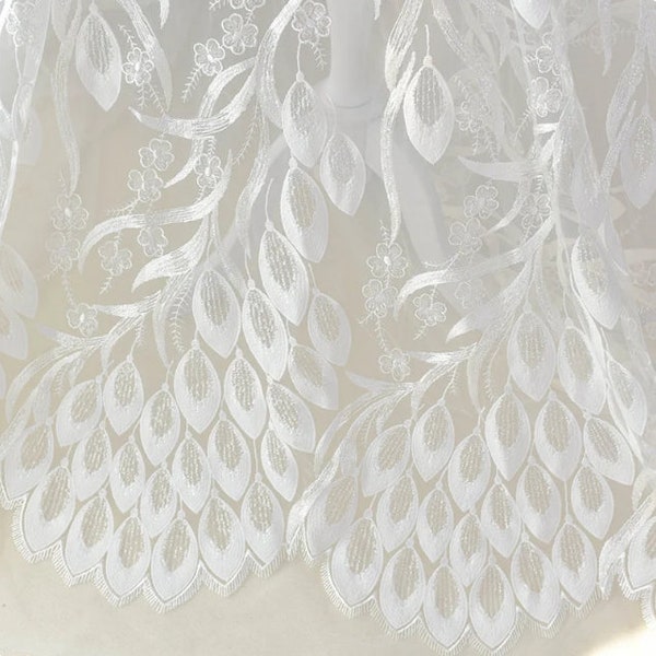 White Peacock Feather Lace Fabric Sequin Feather Embroidered Lace Fabric Wedding Bridal Lace Fabric Dress Gauze Tulle