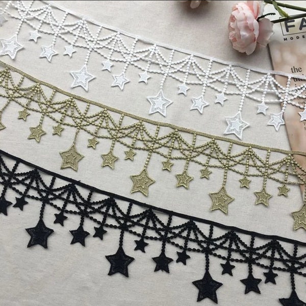 Star Tassel Lace Trim In Gold/Black/White 4.1" Width By The Yard