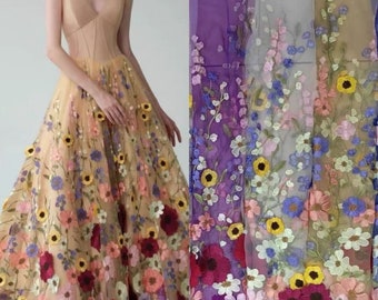 3D-Blumen-Spitzenstoff, bunte Tüllspitze mit 3D-Blumen, für Mädchenkleid, Tutu-Kleid, Hochzeitskleid, Brautschleier, 1 Yard