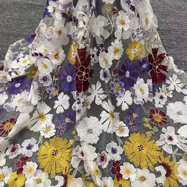 Tela de encaje con bordado de flores en 3D, tela de tul floral colorida, vestido de boda, baile de graduación, vestido de noche, tela cortada a medida
