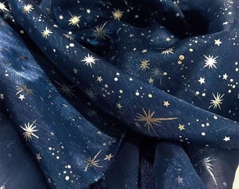 Stars Organza Fabric, Silver Stars Print Organza Fabric,for Fashion, Crafts, Decorations 55" by the Yard (Pick a Size)