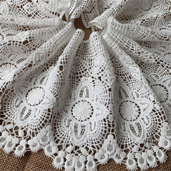 Large bordure en dentelle de coton, dentelle au crochet rétro blanc cassé, dentelle évidée avec bordure festonnée, 6,7 po. de large, 1 mètre