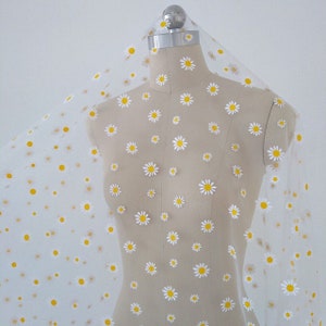 Lace Fabric Adorable Daisy Flower Print White Tulle Fabric for DIY Doll Dress, Veil, Headband, Tutu Dress, Baby Dress