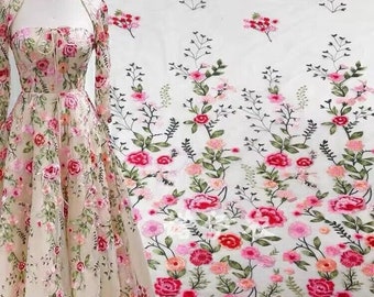 Tissu de dentelle brodé de fleurs colorées de qualité pour robe de fille robe de tutu robe de mariée voile de mariée 1 yard