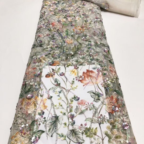 Bunte Pailletten Perlen Stickerei Blumen-Spitze-Gewebe für Mädchen Kleid Tutu Kleid Hochzeitskleid Brautschleier 1 yard