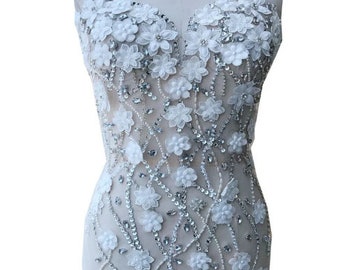 Applique Full Body Length Dress Size Beaded Rhinestone Sequins Motif Bridal Wedding Bodice Patches