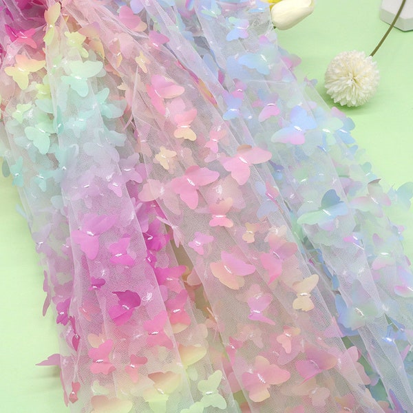 4 color Beautiful Rainbow Gradient 3D Butterfly Tulle Lace Fabric for DIY Doll Dress, Veil, Headband, Tutu Dress, Baby Dress