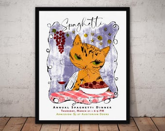 Cat Eating Spaghetti Poster: Retro Spaghetti Dinner Wall Art