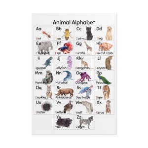 May include: A colorful alphabet chart featuring animals. Each letter of the alphabet is paired with an animal, such as an ant for A, bee for B, cat for C, and so on. The animals are illustrated in a watercolor style.