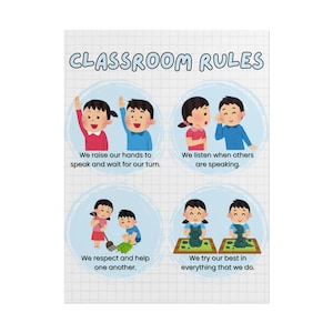 May include: Classroom rules poster with illustrations of children. The rules are: Raise your hand to speak, listen when others are speaking, respect and help one another, and try your best in everything you do.