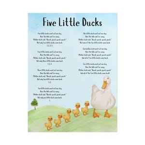May include: A colourful illustration of five little ducks going over the hills and far away. The mother duck says "Quack, quack, quack, quack" as she waits for her ducklings to return. The illustration is on a blue background with a green grassy hill.