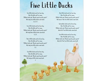 Printable Poster, Five Little Ducks Song, Mother Duck and Ducklings, School Decor, Baby Nursery Room Art, Kids Bedroom