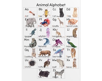 Printable Poster, Alphabet Chart with Animals A to Z for Nursery, Kids Room - World Animals, Educational Decor, Wall Art Print