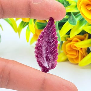 Könnte beinhalten: Ein geschnitzter, blattförmiger Edelstein in tiefen Magenta- und Weißtönen. Der Edelstein wird zwischen zwei Fingern gehalten, mit einem verschwommenen Hintergrund aus gelben und grünen Kunstblumen.