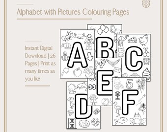 Alphabet with Pictures Colouring Pages | 26 Pages | Children’s Activities | Printable | Instant Digital Download | Unlimited Prints