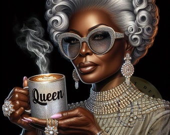 May include: A woman with silver hair and a glamorous look holds a steaming mug with the word "Queen" on it. She is wearing a sparkling necklace and earrings, and her sunglasses are adorned with rhinestones.