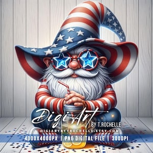 Fourth of July Gnome Digital Art PNG | Patriotic Gnome | Lemonade Gnome Art | Red White Blue Gnome Design | Digital Download
