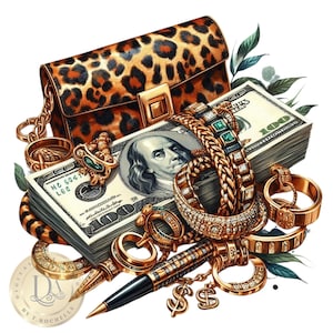 Glam Luxe Money e pochette con stampa leopardata Clipart PNG // Design per maglietta // Design a sublimazione // Stampabile // Trasparente // Download digitale