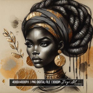 Afrocentric Gold Queen Digital Art PNG | African-Inspired Portrait | Afrocentric Decor | Tribal Luxe | Print On Demand | Instant Download