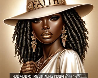 Elegante Reina con Sombrero de Fe Arte Digital PNG / Mujer Negra Empoderada / Diseño de Sublimación / Impresión Bajo Demanda / Descarga Instantánea