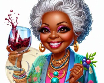 May include: A smiling woman with grey hair, wearing a blue and pink patterned robe, holds a glass of red wine and a small bouquet of berries. She is wearing multiple necklaces and bracelets.