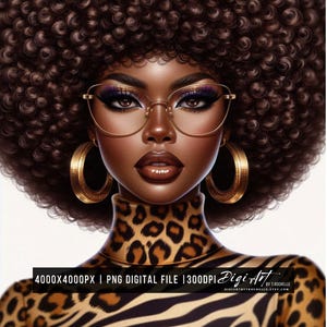 May include: Digital illustration of a woman with dark brown afro hair, wearing gold hoop earrings, gold-rimmed glasses, and a leopard print turtleneck sweater. The background is white.