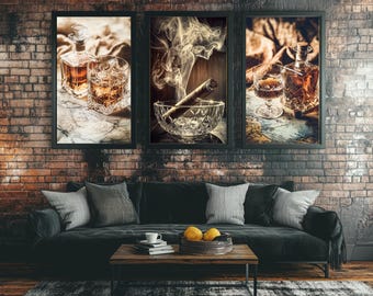 May include: Three framed prints with a vintage aesthetic. Each print features a glass of whisky, a bottle of whisky, and a cigar. The prints are displayed on a brick wall.