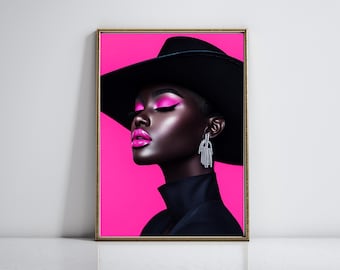 Pink & Black Glam Woman Wandkunst | Bold Fashion Portrait | Druckbares digitales Dekor