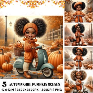 Può includere: Una collezione di arte digitale con cinque scene a tema autunnale. Ogni scena raffigura una ragazzina in abiti arancioni, su uno scooter o tra zucche. Le scene sono ambientate in un paesaggio autunnale con tonalità arancioni e marroni.
