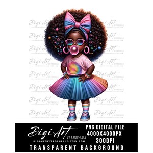 May include: A digital illustration of a young girl with dark skin and curly hair. She wears a pink shirt with a rainbow design, a pleated rainbow skirt, and blue sneakers. She has sunglasses, a bubblegum bubble, and a large bow. The image includes the text "Digi Art" and "Transparent Background".