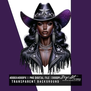 Black Woman Cowgirl Clipart | Afro Western Digital Art PNG | Stylish Rodeo Queen Illustration | Instant Download | Sublimation Design