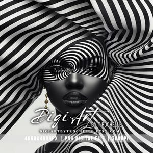 Black and White Optical Illusion African American Woman Art | Modern Striped Digital Portrait | Bold Abstract Wall Art Download | PNG