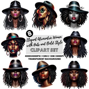 8 Elegant Afrocentric Women with Hats and Bold Style Clipart Set || Digital Download || Printable || Print On Demand || Hat Fashion Clipart