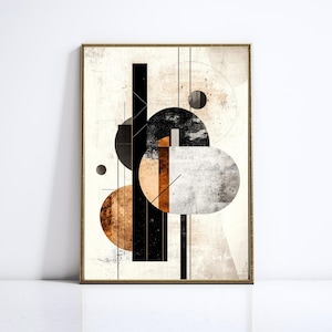 Peut inclure: Impression d'art abstrait dans un cadre doré. L'œuvre présente des formes géométriques en noir, blanc et marron sur un fond beige texturé. Le design comprend des cercles, des rectangles et des lignes, créant une esthétique moderne.