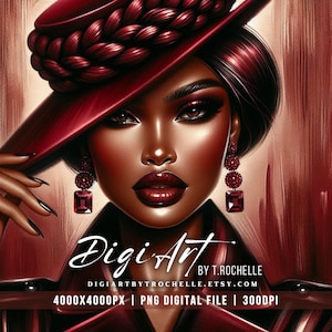 Może przedstawiać: Cyfrowy portret kobiety w czerwonym kapeluszu i pasujących kolczykach. Obraz przedstawia kobietę o ciemnej karnacji z odważnym makijażem i tekstem "Digi Art". Nazwa sklepu Etsy jest również uwzględniona.