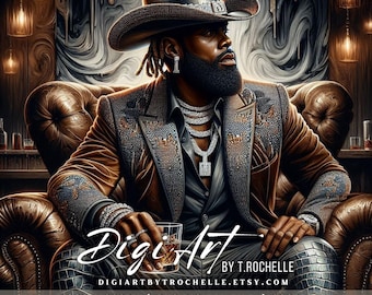 Puede incluir: Impresión de arte digital de una persona negra con sombrero y chaqueta de vaquero marrones, sentada en un sillón de cuero. La imagen presenta el texto "DigiArt by T. Rochelle" y "DIGIARTBYTROCHELLE.ETSY.COM". La obra tiene un estilo lujoso y detallado.