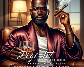 Arte de hombre afroamericano con cigarro y whisky / Salón masculino PNG (descarga digital)