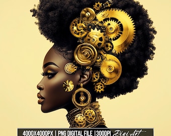 Afro Steampunk Woman PNG | Gold Gear Crown (Digital Download)