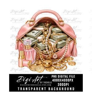 Peut inclure: Un sac à main rose débordant de liasses de billets, de bijoux en or, de pièces de monnaie, de parfum et de rouge à lèvres. Le sac a une garniture dorée et un pompon. Le texte "Digi Art" et "PNG DIGITAL FILE" est inclus.