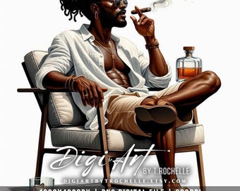 Hombre afroamericano fumando un cigarro y bebiendo whisky PNG / Moody Lounge Art (Descarga digital)
