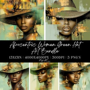 Afrocentric Women Green Hat Digital Art Bundle | Elegant Black Woman PNGs | Modern Fashion Wall Art Prints | 13x13in | 300DPI | 5 PNGs