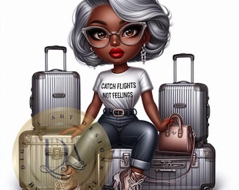 May include: A cartoon illustration of a woman with silver hair wearing a white t-shirt with the text "Catch Flights Not Feelings" and black jeans. She is sitting on top of three silver suitcases with a pink handbag in her hand.
