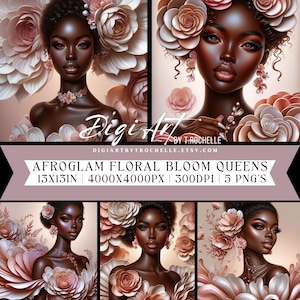 AfroGlam Floral Bloom Queens PNG Bundle | Feminine Afrocentric Art | African American Woman Digital Download | 5 PNGs | 300dpi