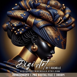 May include: Digital art portrait of a woman with dark skin, wearing a navy blue and gold head wrap and jewelry. The image includes the text "Digi Art by T. Rochelle" and the Etsy shop URL.