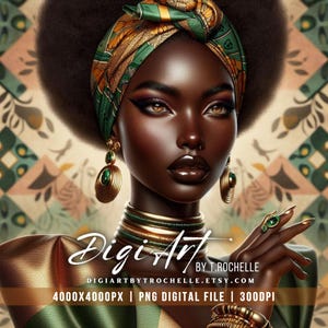 Afrocentrische Black Queen, png PNGEgg | Hoofddoekkunst | Vorstelijk digitaal portret | Melanine magische clipart | 4000 x 4000 px | 300 dpi | Digitaal bestand