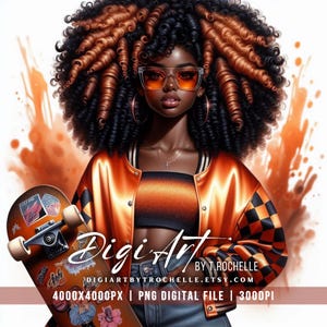 May include: Digital art illustration of a person with large, curly black and orange hair, wearing orange sunglasses and a satin orange jacket with a black and orange checkered pattern. The person is holding a skateboard. The image includes the text "Digi Art by T. Rochelle".