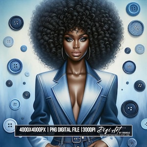 Könnte beinhalten: Digitaldruck einer Frau mit voluminösem, lockigem schwarzem Haar, die eine blaue Jeansjacke und Jeans trägt. Denim-Knöpfe in verschiedenen Größen sind um das Porträt herum verstreut. Der Text "4000X4000PX | PNG DIGITAL FILE | 300DPI Digi Art" ist enthalten.