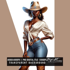 Black Woman Cowgirl Clipart | Afro Western Digital Art PNG | Stylish Rodeo Queen Illustration | Instant Download | Sublimation Design